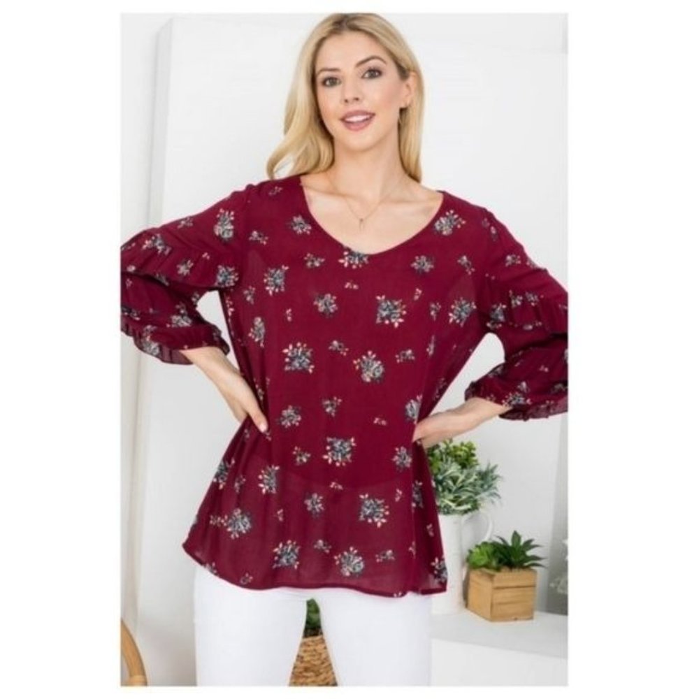 🧡6/$25🧡BURGUNDY FLORAL TOP W/SCOOP NECK-NEW - Picture 3 of 6